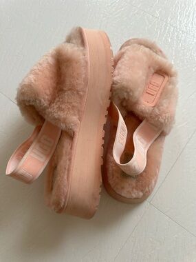 UGG Women's Pink Fluffy Platform Slingback Slide Sandals